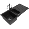 Mexen Andres 1.5-bowl granite sink with drainer and Carla kitchen faucet, black - 6515-77-670700-70-B