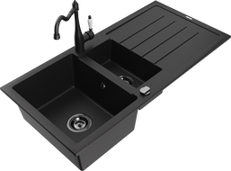 Mexen Andres 1.5-compartment granite sink with a drip tray and kitchen mixer tap Carla, Black - 6515-77-670700-70-B