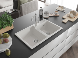 Mexen Tomas 2-bowl granite sink with kitchen faucet Carla, white - 6516-20-670700-00