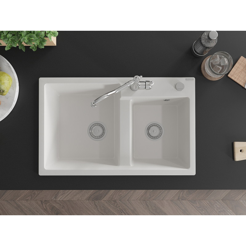 Mexen Tomas 2-bowl granite sink with kitchen faucet Carla, white - 6516-20-670700-00