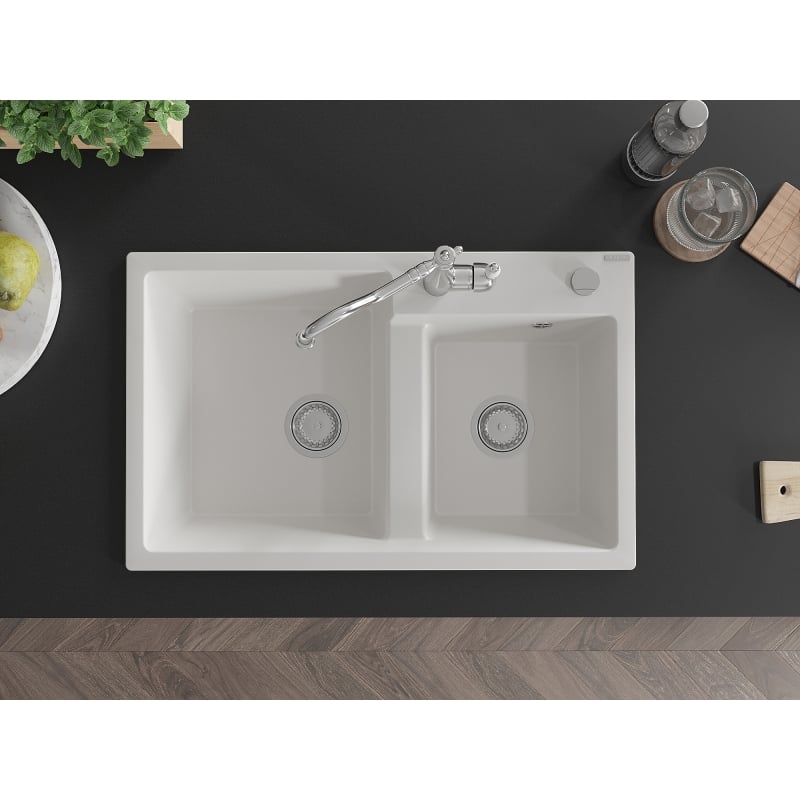 Mexen Tomas granite double-bowl sink with kitchen faucet Carla, white - 6516-20-670700-00
