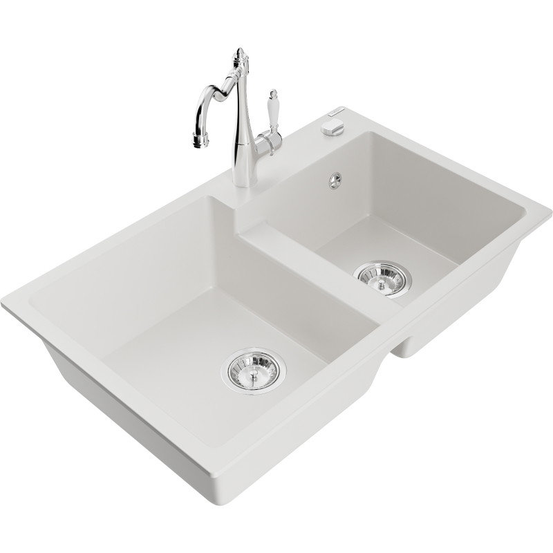 Mexen Tomas 2-bowl granite sink with kitchen faucet Carla, white - 6516-20-670700-00