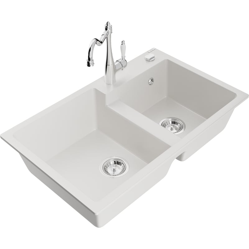 Mexen Tomas granite double-bowl sink with kitchen faucet Carla, white - 6516-20-670700-00
