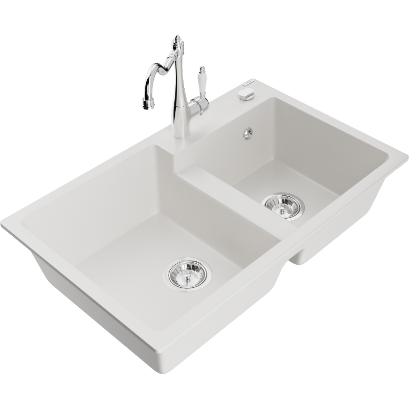 Mexen Tomas granite sink 2-chamber with Carla kitchen tap, white - 6516-20-670700-00