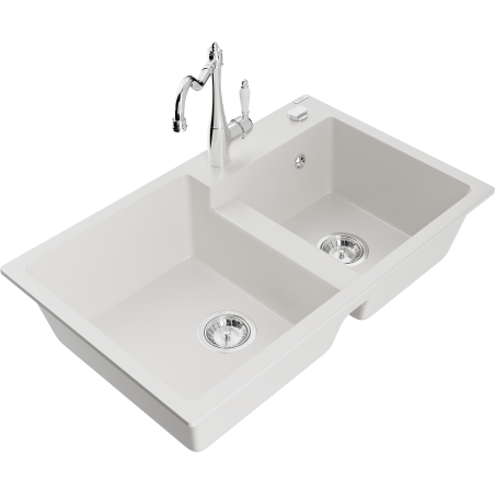 Mexen Tomas 2-compartment granite sink with a kitchen mixer tap Carla, White - 6516-20-670700-00