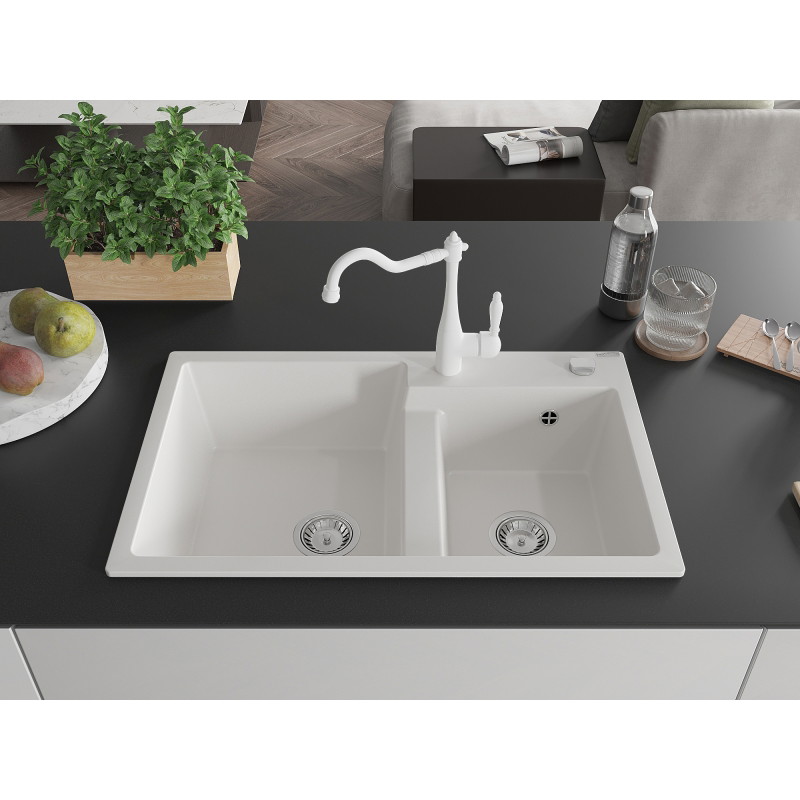 Mexen Tomas granite double-bowl kitchen sink with Carla faucet, white - 6516-20-670700-20