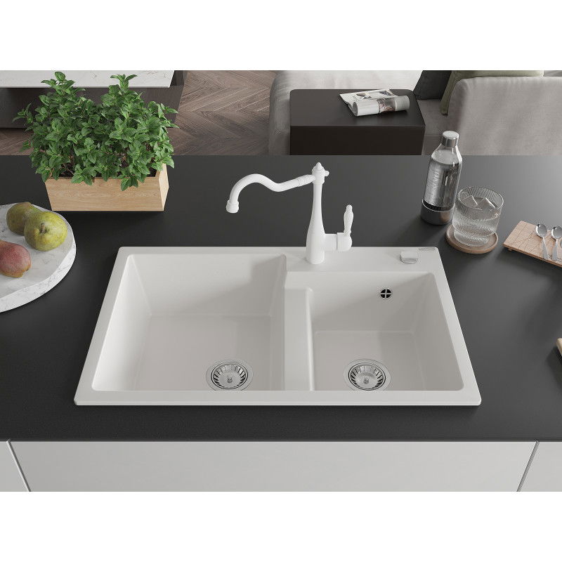 Mexen Tomas granite sink 2-chamber with Carla kitchen tap, white - 6516-20-670700-20