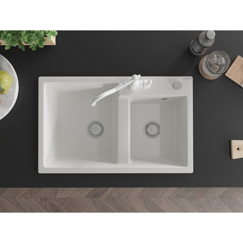 Mexen Tomas 2-Chamber Granite Sink with Kitchen Faucet Carla, White - 6516-20-670700-20