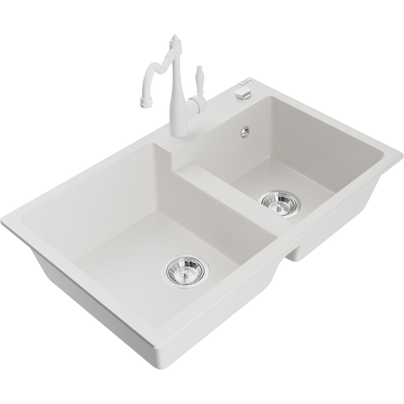 Mexen Tomas granite double-bowl kitchen sink with Carla faucet, white - 6516-20-670700-20