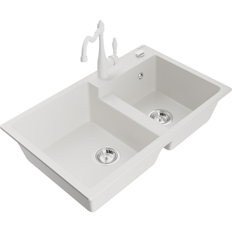 Mexen Tomas granite sink 2-chamber with Carla kitchen tap, white - 6516-20-670700-20