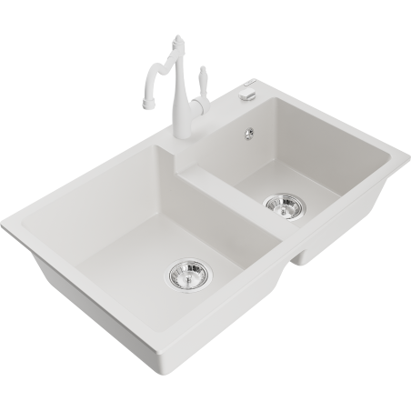 Mexen Tomas 2-Chamber Granite Sink with Kitchen Faucet Carla, White - 6516-20-670700-20