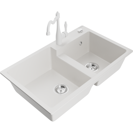 Mexen Tomas granite sink 2-chamber with Carla kitchen tap, white - 6516-20-670700-20