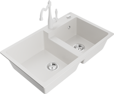 Mexen Tomas granite sink 2-chamber with Carla kitchen tap, white - 6516-20-670700-20