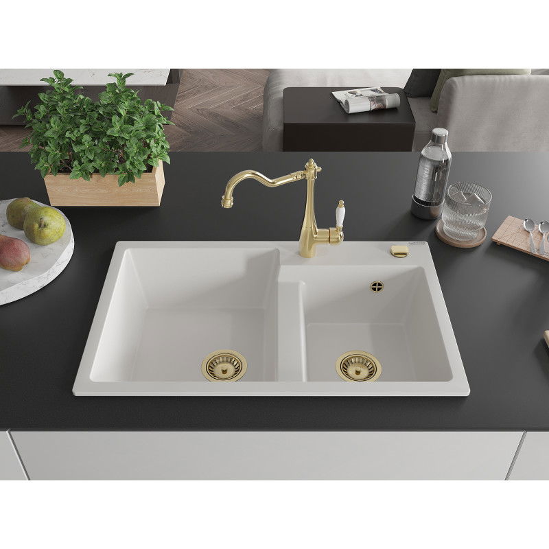 Mexen Tomas granite double-bowl sink with Carla kitchen tap, white - 6516-20-670700-50