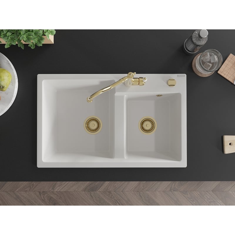 Mexen Tomas granite double-bowl kitchen sink with Carla tap, white - 6516-20-670700-50