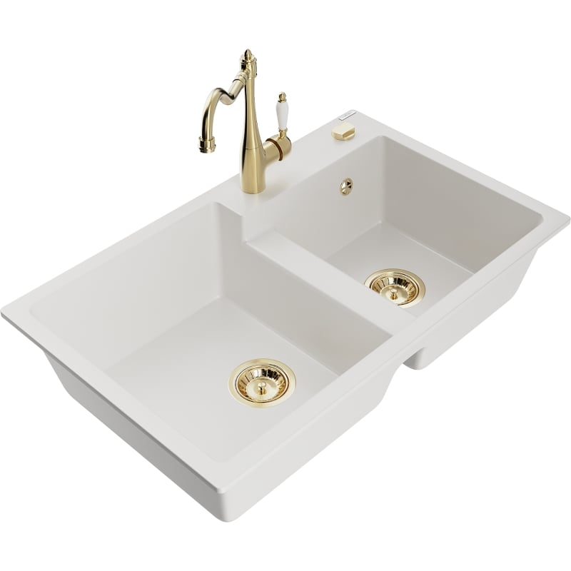 Mexen Tomas granite double-bowl kitchen sink with Carla tap, white - 6516-20-670700-50