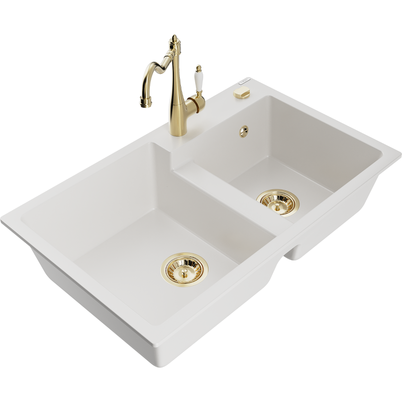 Mexen Tomas granite double-bowl sink with Carla kitchen tap, white - 6516-20-670700-50