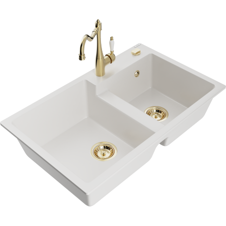 Mexen Tomas 2-compartment granite sink with a kitchen mixer tap Carla, White - 6516-20-670700-50