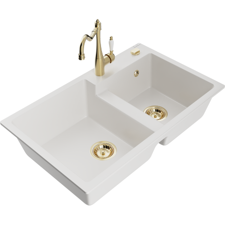 Mexen Tomas granite double-bowl kitchen sink with Carla tap, white - 6516-20-670700-50