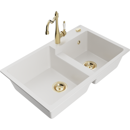 Mexen Tomas granite double-bowl sink with Carla kitchen tap, white - 6516-20-670700-50