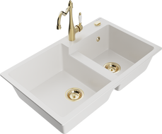 Mexen Tomas granite double-bowl sink with Carla kitchen tap, white - 6516-20-670700-50