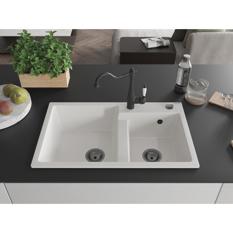 Mexen Tomas granite double-bowl kitchen sink with Carla faucet, white - 6516-20-670700-70