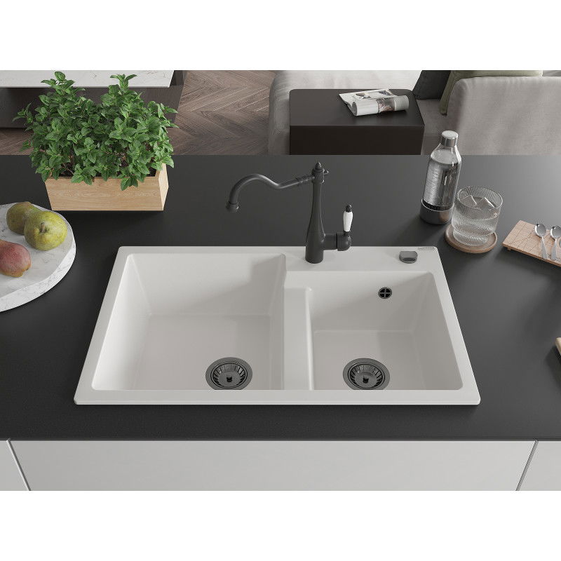 Mexen Tomas granite kitchen sink 2-bowl with Carla kitchen tap, white - 6516-20-670700-70