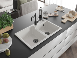 Mexen Tomas granite double bowl kitchen sink with Carla faucet, white - 6516-20-670700-70