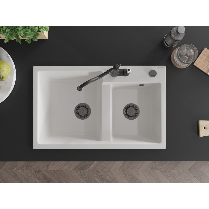 Mexen Tomas granite double-bowl kitchen sink with Carla faucet, white - 6516-20-670700-70