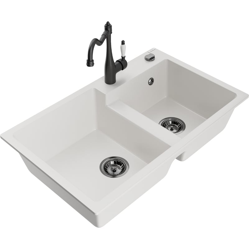 Mexen Tomas granite double-bowl kitchen sink with Carla faucet, white - 6516-20-670700-70
