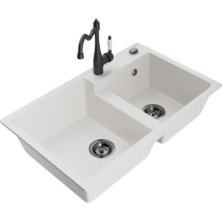 Mexen Tomas granite double-bowl kitchen sink with Carla faucet, white - 6516-20-670700-70