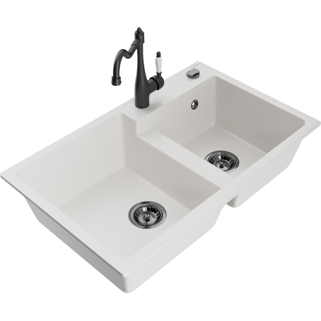 Mexen Tomas granite kitchen sink 2-bowl with Carla kitchen tap, white - 6516-20-670700-70