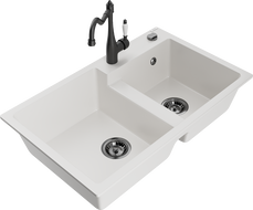 Mexen Tomas granite double bowl kitchen sink with Carla faucet, white - 6516-20-670700-70