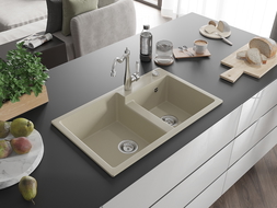 Mexen Tomas 2-compartment granite sink with a kitchen mixer tap Carla, Beige - 6516-69-670700-00