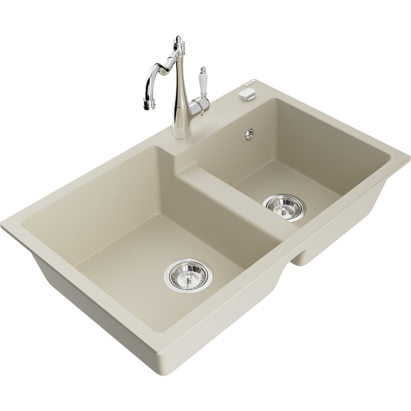 Mexen Tomas 2-compartment granite sink with a kitchen mixer tap Carla, Beige - 6516-69-670700-00