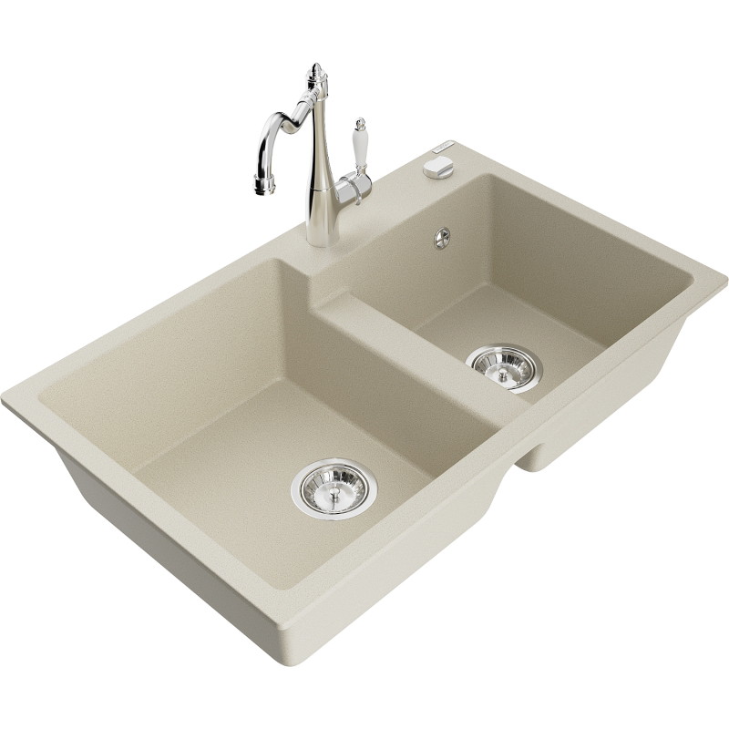 Mexen Tomas granite double-bowl sink with kitchen faucet Carla, beige - 6516-69-670700-00