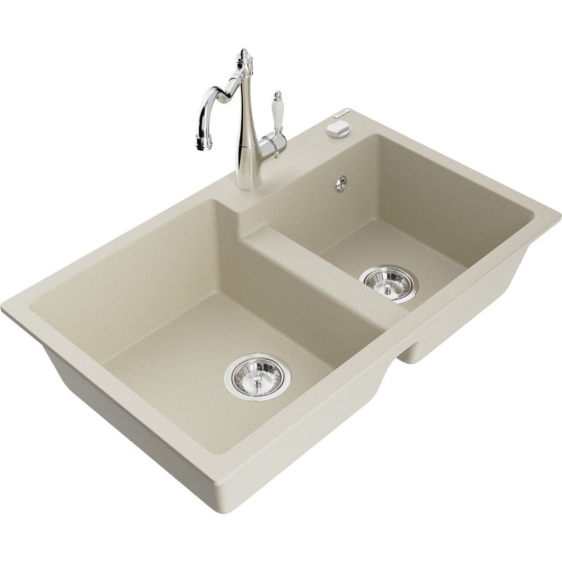 Mexen Tomas granite sink 2-bowl with Carla kitchen tap, beige - 6516-69-670700-00