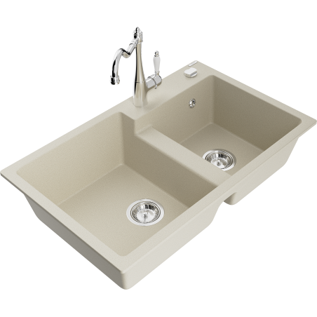 Mexen Tomas 2-bowl granite sink with kitchen faucet Carla, beige - 6516-69-670700-00