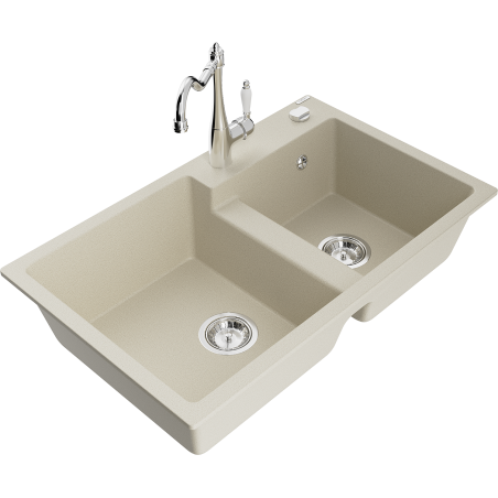 Mexen Tomas granite sink 2-bowl with Carla kitchen tap, beige - 6516-69-670700-00