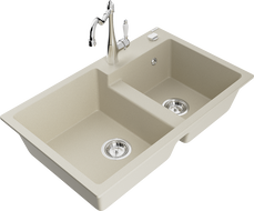Mexen Tomas granite double-bowl sink with kitchen faucet Carla, beige - 6516-69-670700-00