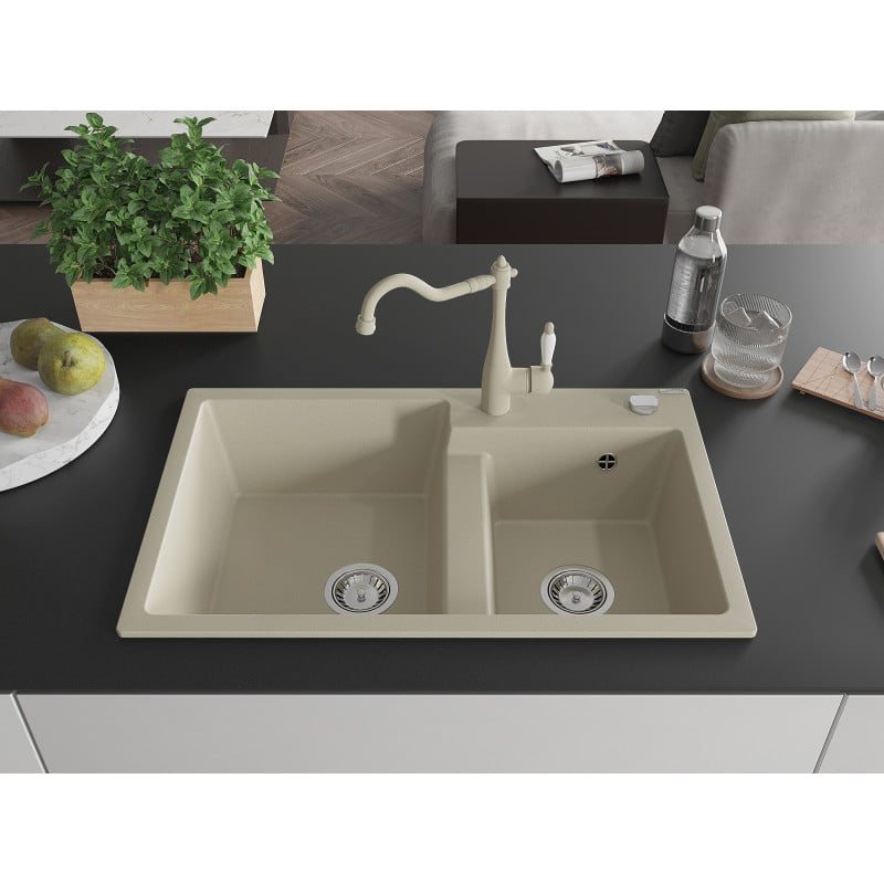 Mexen Tomas granite double sink with Carla kitchen tap, beige - 6516-69-670700-69