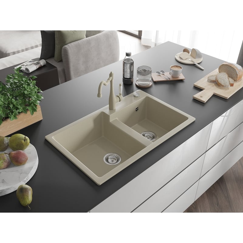 Mexen Tomas Carla Beige 2-Bowl Granite Sink with Kitchen Faucet - 6516-69-670700-69