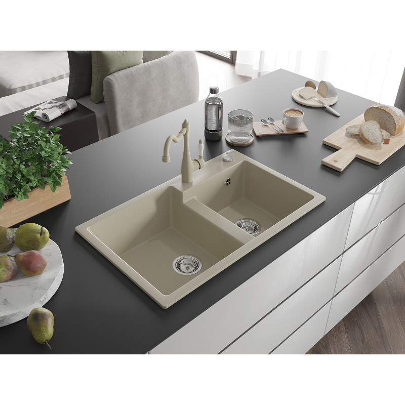 Mexen Tomas granite double-bowl kitchen sink with Carla faucet, beige - 6516-69-670700-69