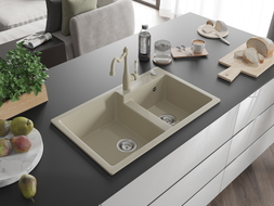 Mexen Tomas Carla Beige 2-Bowl Granite Sink with Kitchen Faucet - 6516-69-670700-69