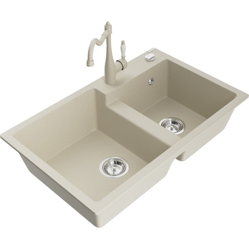 Mexen Tomas granite double-bowl kitchen sink with Carla faucet, beige - 6516-69-670700-69