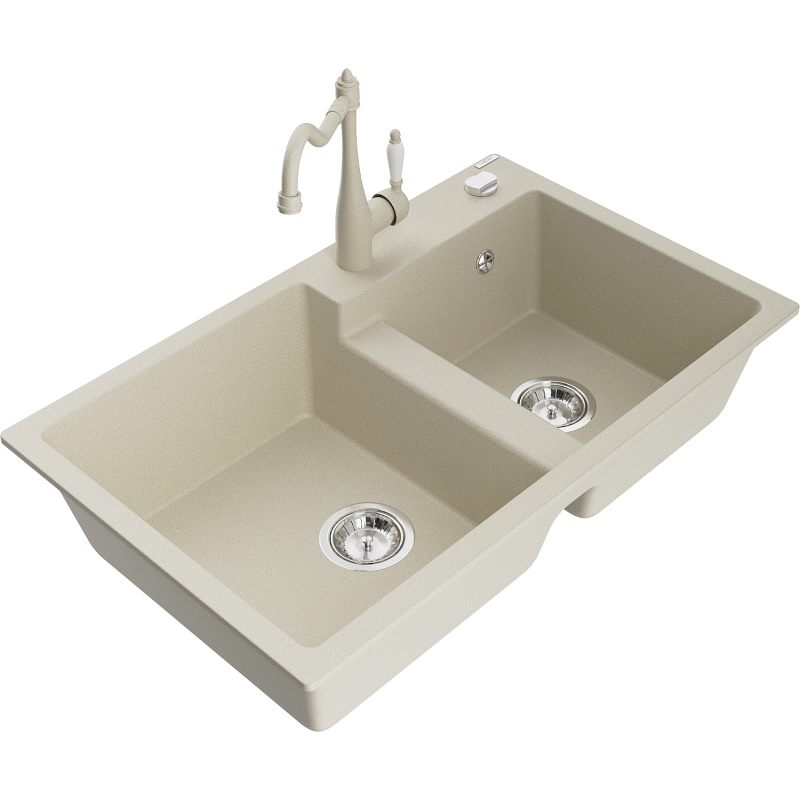 Mexen Tomas granite double sink with Carla kitchen tap, beige - 6516-69-670700-69