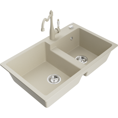 Mexen Tomas granite double-bowl kitchen sink with Carla faucet, beige - 6516-69-670700-69