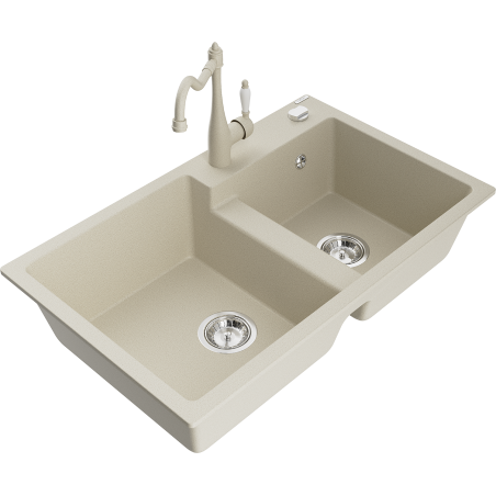 Mexen Tomas granite double sink with Carla kitchen tap, beige - 6516-69-670700-69