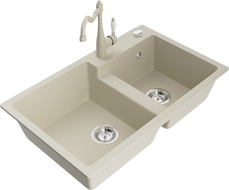 Mexen Tomas granite double sink with Carla kitchen tap, beige - 6516-69-670700-69