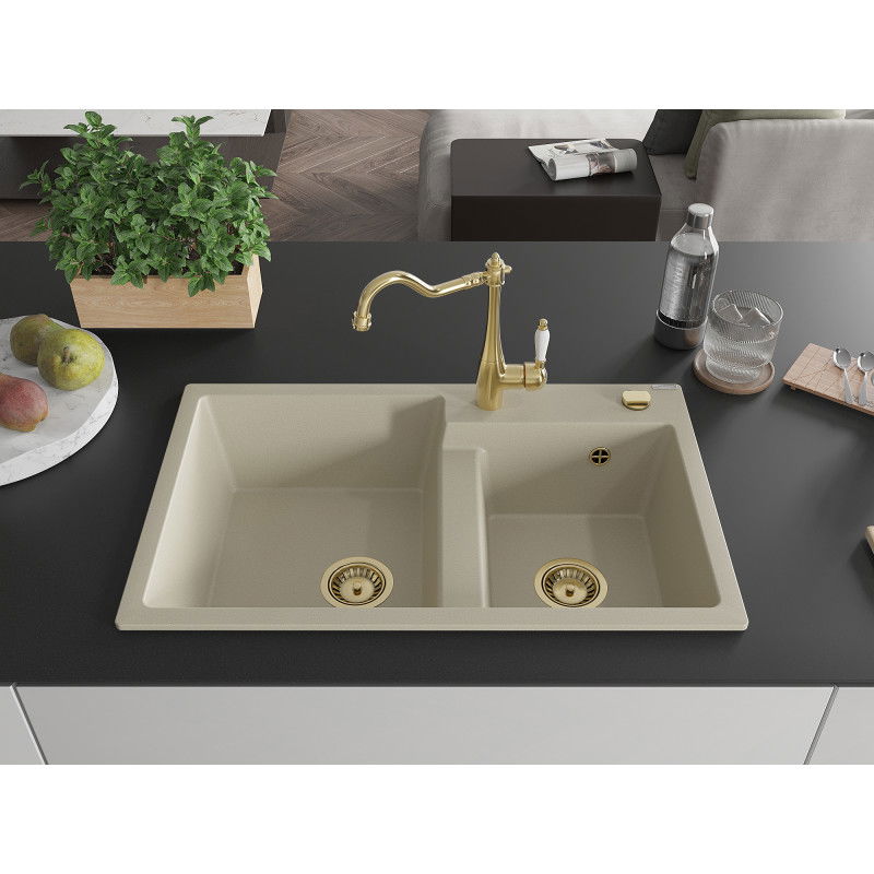 Mexen Tomas granite kitchen sink, 2-bowl with Carla kitchen tap, beige - 6516-69-670700-50